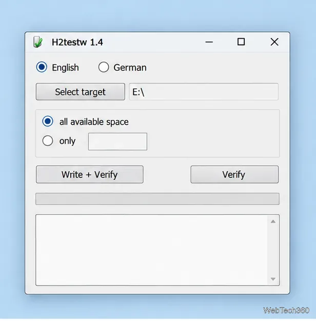 Ilustrație a H2testw cu o unitate E generică selectată și tot spațiul disponibil ales.