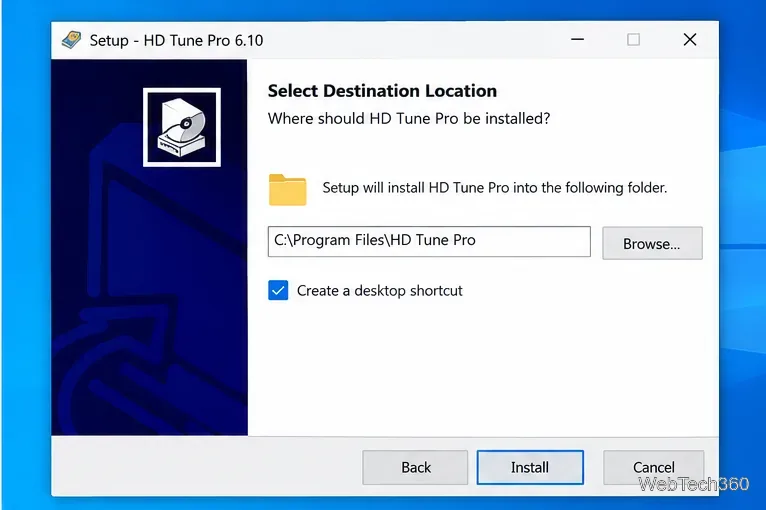 Windows 10 上の HD Tune Pro 6.10 セットアップウィンドウ(インストール先フォルダとインストールボタン付き)