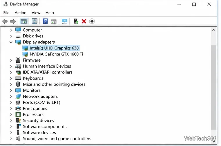 Диспетчер устройств Windows 10 показывает наличие записей Intel и NVIDIA в разделе «Видеоадаптеры».