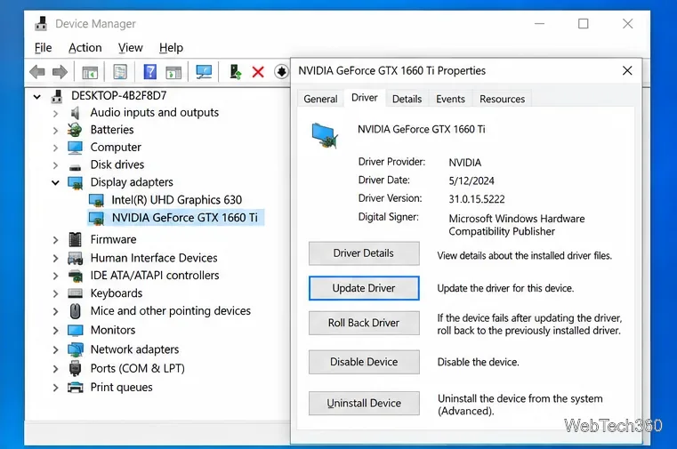 Свойства графического драйвера Windows 10 с элементами управления «Обновить драйвер», «Откатить драйвер» и «Удалить устройство».