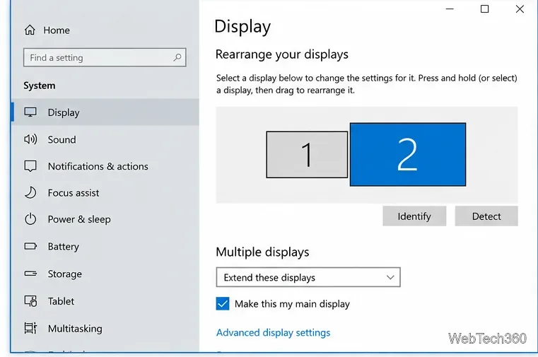 В настройках дисплея Windows 10 отображаются два монитора и кнопка «Обнаружить».