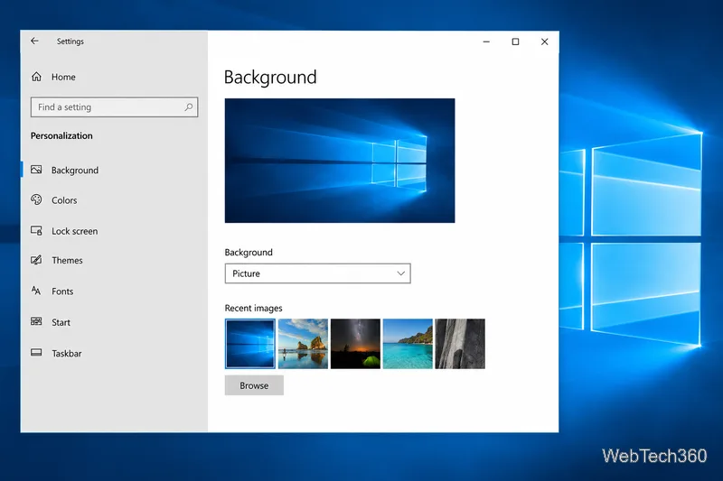 Windows 10 Settings on Personalization, Background, with Picture selected and the Browse button visible