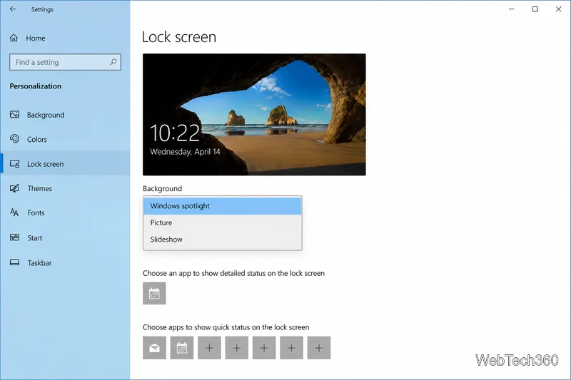 Windows 10 Lock screen settings showing Windows spotlight selected, with Picture and Slideshow options