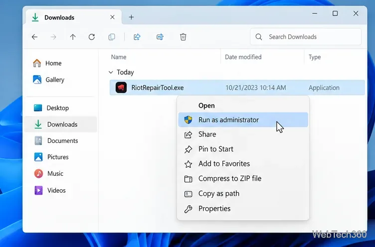 WindowsのダウンロードフォルダにあるRiotRepairTool.exeを選択し、「管理者として実行」を選択した。