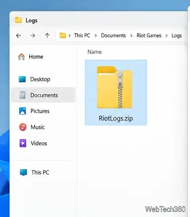 WindowsファイルエクスプローラーにRiotLogs.zip診断アーカイブが表示されている