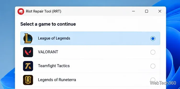 Riot Repair Toolのゲーム選択画面でLeague of Legendsが選択されている