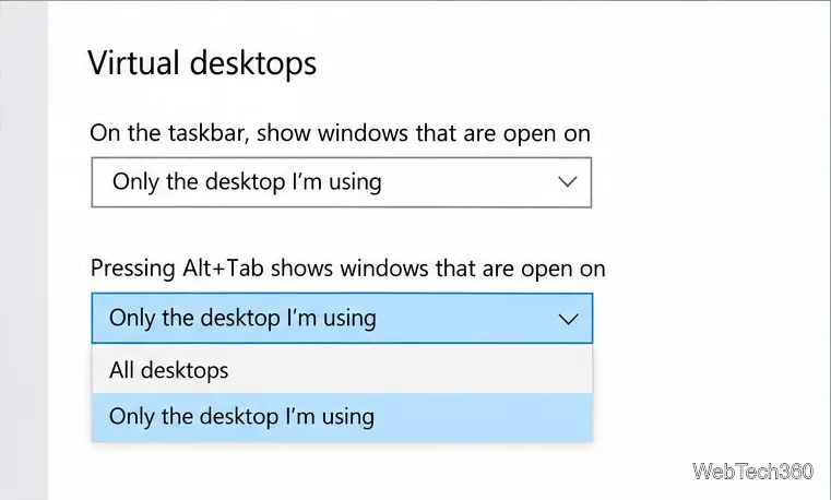 قائمة Alt+Tab المنسدلة في نظام التشغيل Windows 10 لأجهزة سطح المكتب الافتراضية مع تحديد سطح المكتب الذي أستخدمه فقط