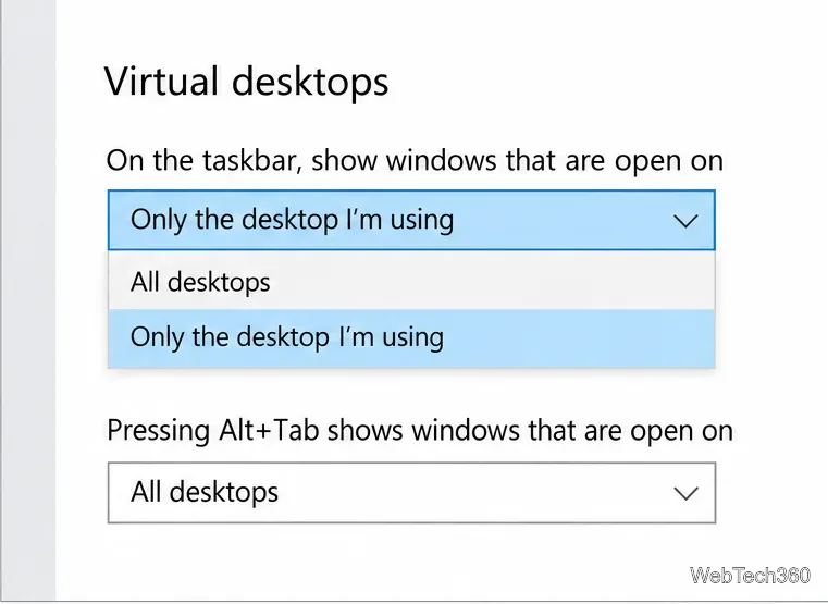 قائمة سطح المكتب الافتراضي في شريط مهام نظام التشغيل Windows 10، مع تحديد "سطح المكتب الذي أستخدمه فقط" بدلاً من "جميع أسطح المكتب".