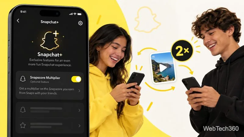 Иллюстративный экран членства в Snapchat+ с включенной дополнительной опцией «Множитель Snapscore».