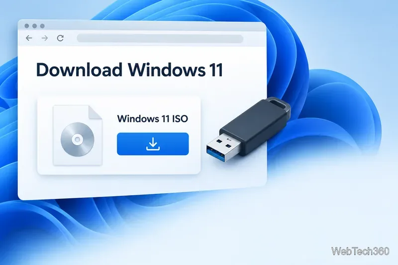 ソフトウェアのダウンロードページの横に、Windows 11のISOファイルカードとUSBフラッシュドライブが置かれている。