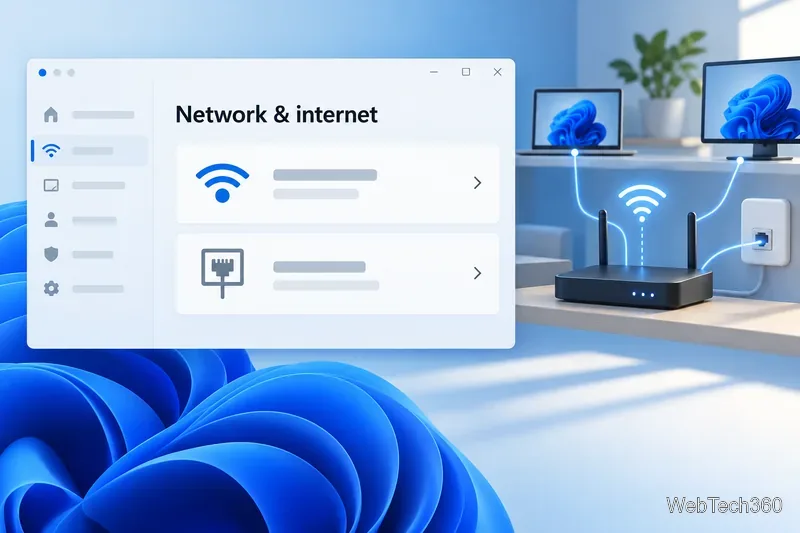 ルーターの横にWi-Fiとイーサネットの接続オプションを表示する、ネットワークとインターネットの設定画面のようなウィンドウ。