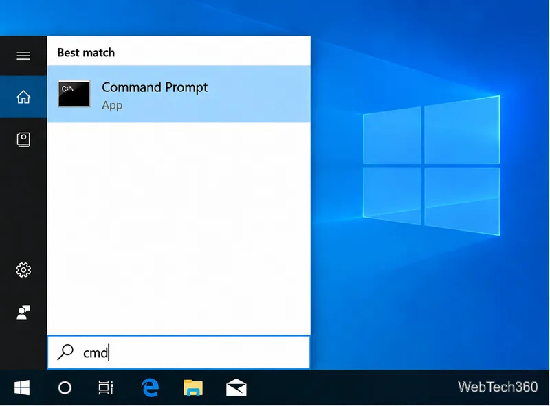 Windows 10 Start search for cmd with Command Prompt shown as the Best match