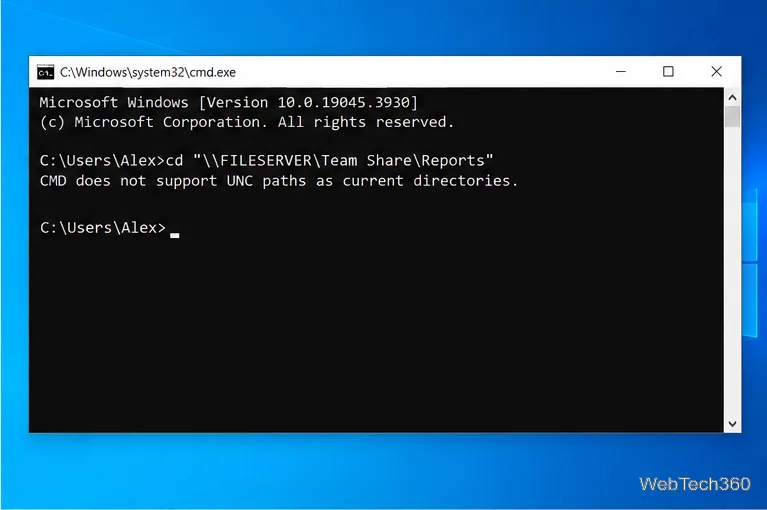 Command Prompt showing cd with a UNC network path and the message that CMD does not support UNC paths as current directories