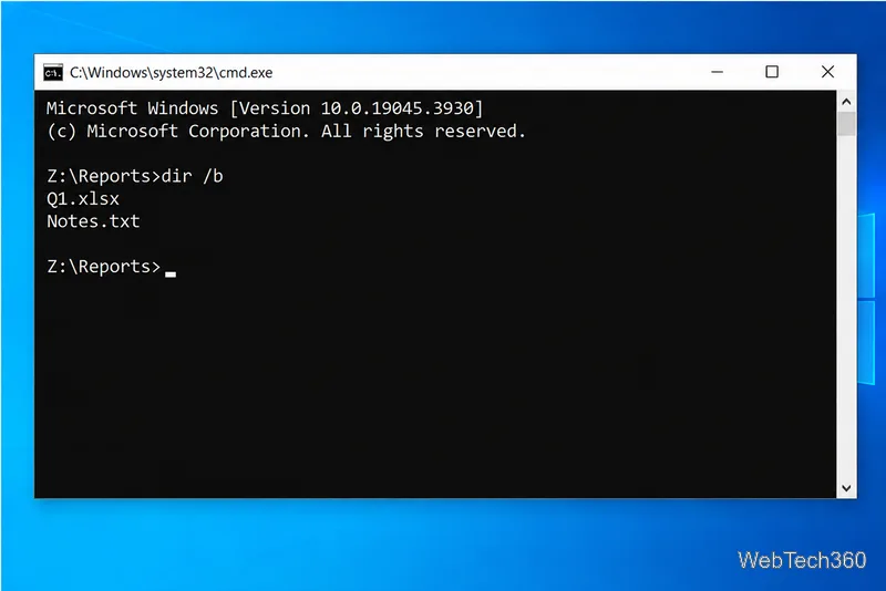 Command Prompt showing dir slash b listing Q1.xlsx and Notes.txt from Z colon backslash Reports