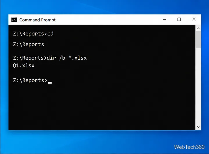 Command Prompt at Z colon backslash Reports showing cd output and dir slash b star dot xlsx returning Q1.xlsx