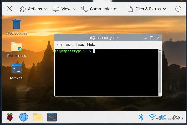 O sesiune TeamViewer la distanță afișează desktopul Raspberry Pi cu un terminal deschis.