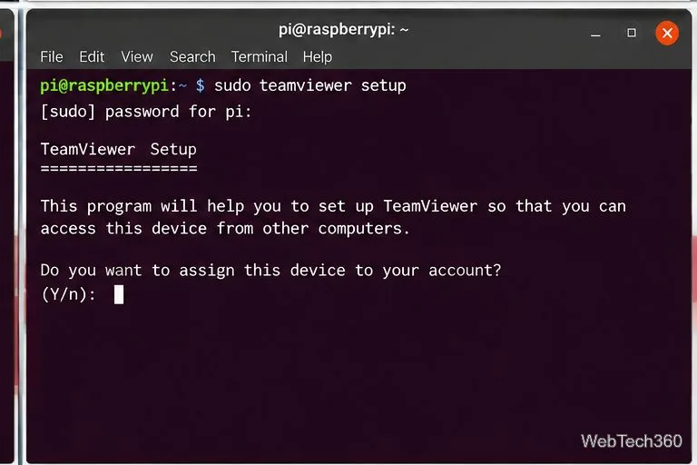 Rulați comanda de configurare TeamViewer în terminalul Raspberry Pi pentru a începe atribuirea dispozitivului.