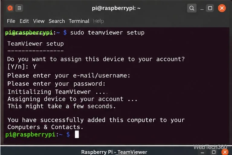Terminalul confirmă că Raspberry Pi a fost adăugat la Computere și Contacte.