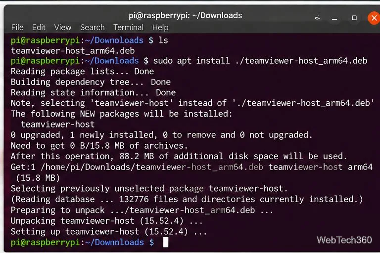 Instalați pachetul TeamViewer Host DEB descărcat din directorul Downloads cu apt.