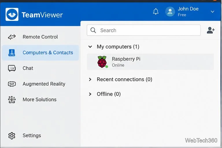 Clientul Linux TeamViewer listează Raspberry Pi în secțiunea Computere și contacte atunci când dispozitivul este online.