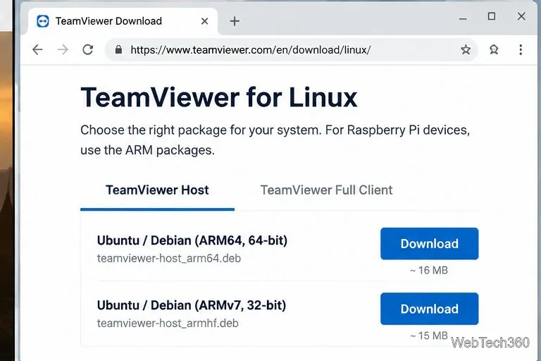 Pagina oficială de descărcare TeamViewer listează pachetele gazdă pentru sistemele ARM64 și ARMv7 Raspberry Pi.