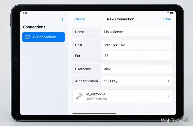 Modulo di connessione SSH per iPad con indirizzo host Linux, porta 22, nome utente e autenticazione tramite chiave SSH.