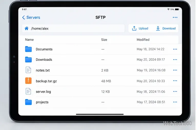 Browser di file SFTP per iPad che mostra una directory home Linux e i controlli di caricamento e download.