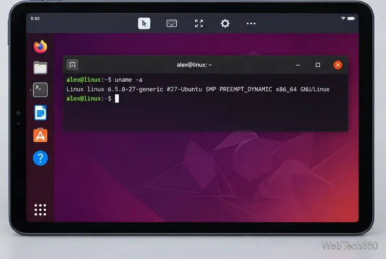 iPad che visualizza un desktop Ubuntu remoto con una finestra del terminale aperta