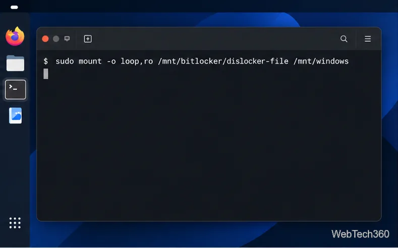 Linux terminal mounting the Dislocker virtual NTFS file read-only at /mnt/windows