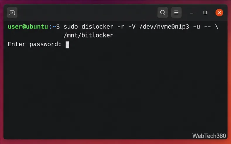 Dislocker command in a Linux terminal with a password prompt and no password visible