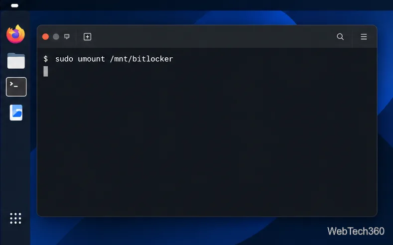 Terminal unmounting the Dislocker FUSE directory at /mnt/bitlocker