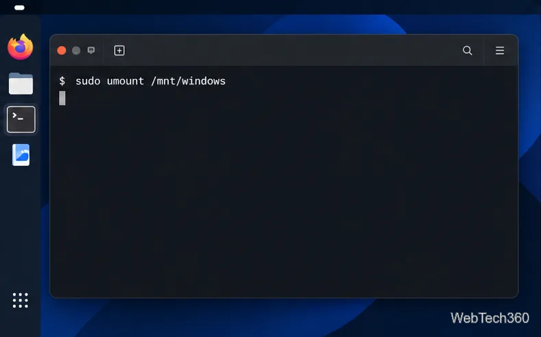 Terminal unmounting the read-only Windows filesystem from /mnt/windows