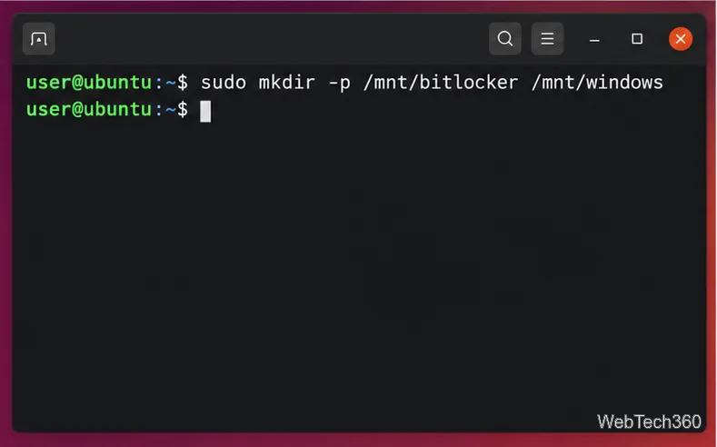 Linux terminal creating the /mnt/bitlocker and /mnt/windows mount directories