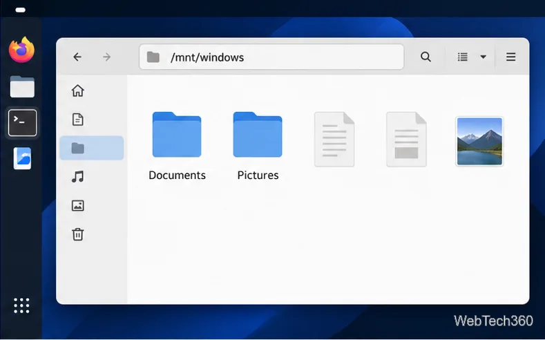 Linux file manager open at /mnt/windows with generic folders and files