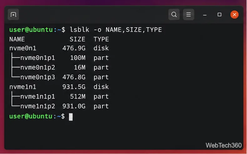 Terminal listing Linux block devices and partition sizes with the lsblk command
