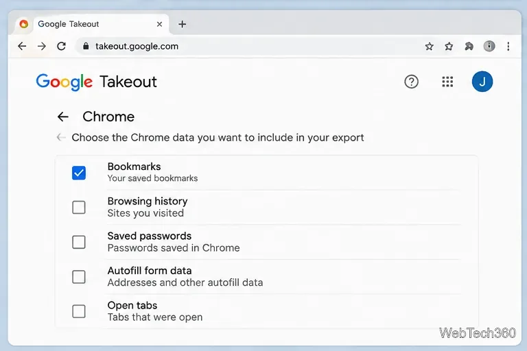 Opzioni di esportazione di Chrome con i segnalibri selezionati e le altre categorie di dati deselezionate.