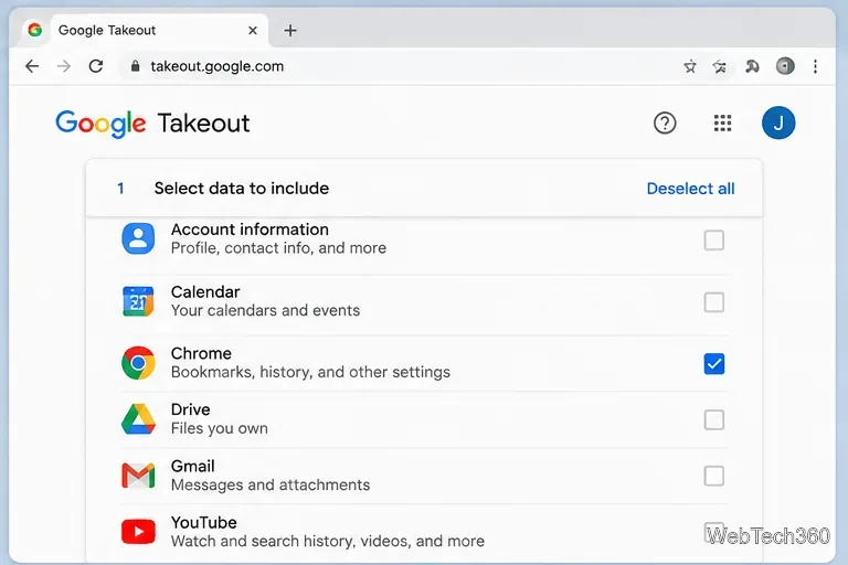 L'elenco dei servizi di Google Takeout con Chrome selezionato e gli altri servizi deselezionati.