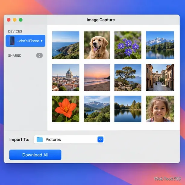 В Image Capture отображается выбранный iPhone, миниатюры фотографий, меню «Импорт в» установлено на «Изображения», а пункт «Скачать все» — на «Скачать все».