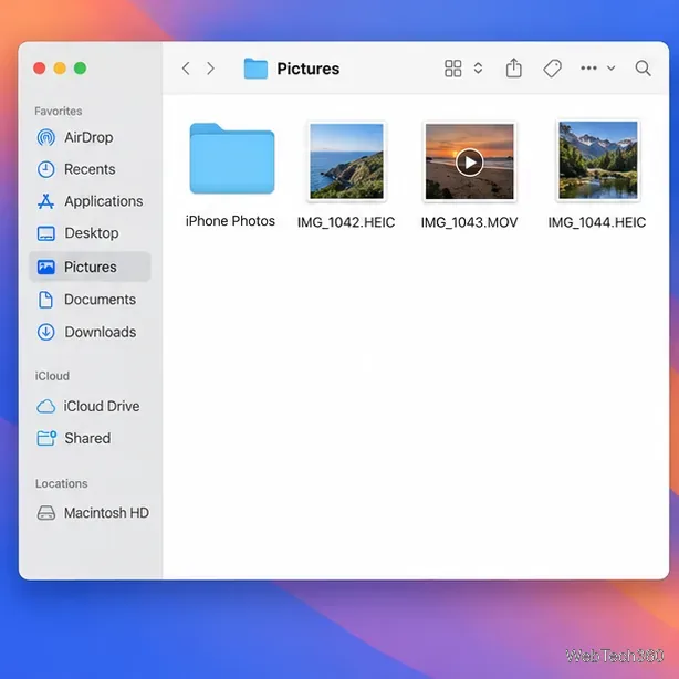 Finder отображает папку «Фотографии» на iPhone, а также отдельные файлы HEIC и MOV в папке «Изображения».