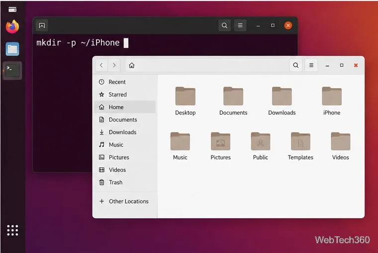 Terminal do Ubuntu mostrando o comando `mkdir -p ~/iPhone` ao lado de uma janela de Arquivos com a pasta do iPhone.