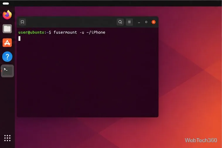 Terminal do Ubuntu mostrando o comando `fusermount -u ~/iPhone` para desmontar o iPhone.
