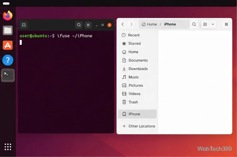 O terminal do Ubuntu mostra o comando `ifuse ~/iPhone` ao lado do aplicativo Arquivos aberto na pasta de montagem do iPhone.