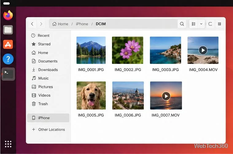 Janela de Arquivos do Linux exibindo uma pasta DCIM com miniaturas de fotos e vídeos.