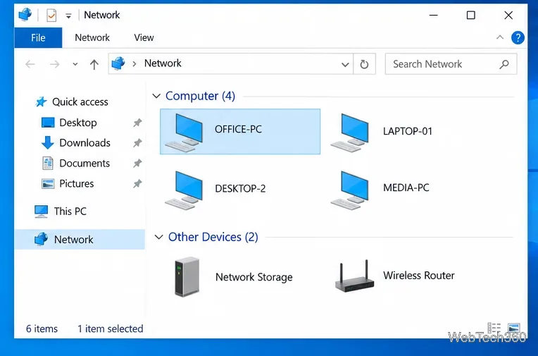 Windows 10のエクスプローラーのネットワークビューで、複数のコンピューターとネットワークデバイスが表示されます。