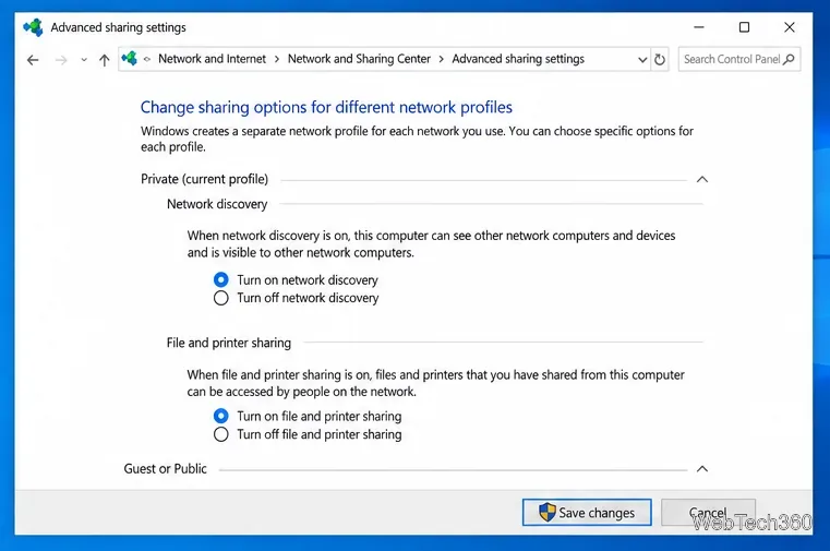 Windows 10 の詳細共有設定で、ネットワーク探索とファイルおよびプリンター共有が有効になっています。