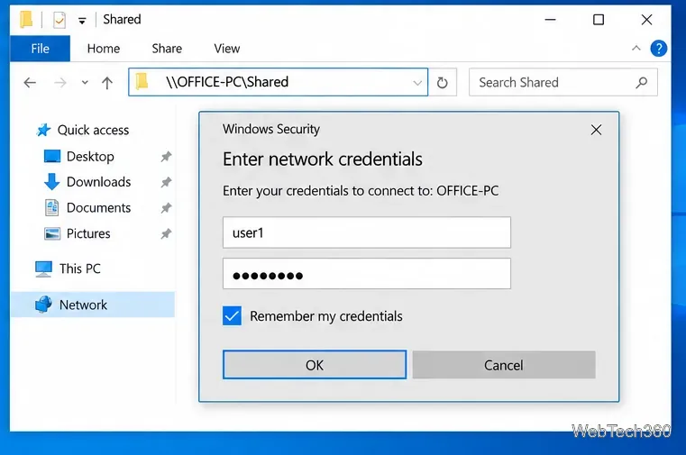 別のPC上の共有フォルダーを開くためのネットワーク資格情報を要求するWindowsセキュリティダイアログ