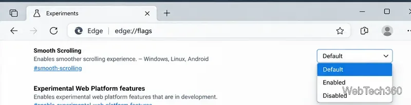 Microsoft Edge flag dropdown showing Default, Enabled, and Disabled choices