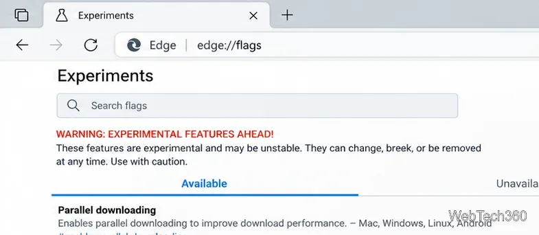 Microsoft Edge Experiments page with a Search flags box and Available and Unavailable sections