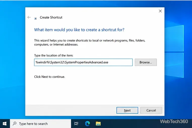 Windows 10 Create Shortcut wizard with the SystemPropertiesAdvanced executable path entered