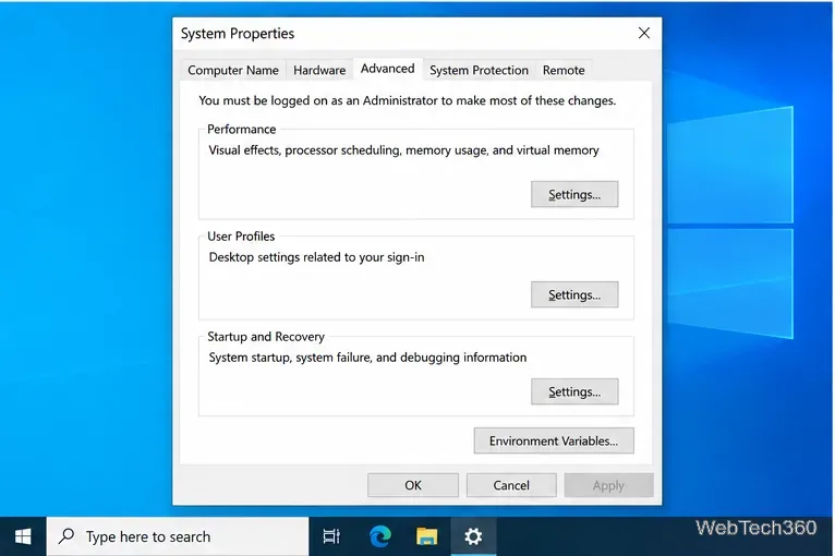 Windows 10 System Properties dialog open on the Advanced tab with performance and environment variable controls